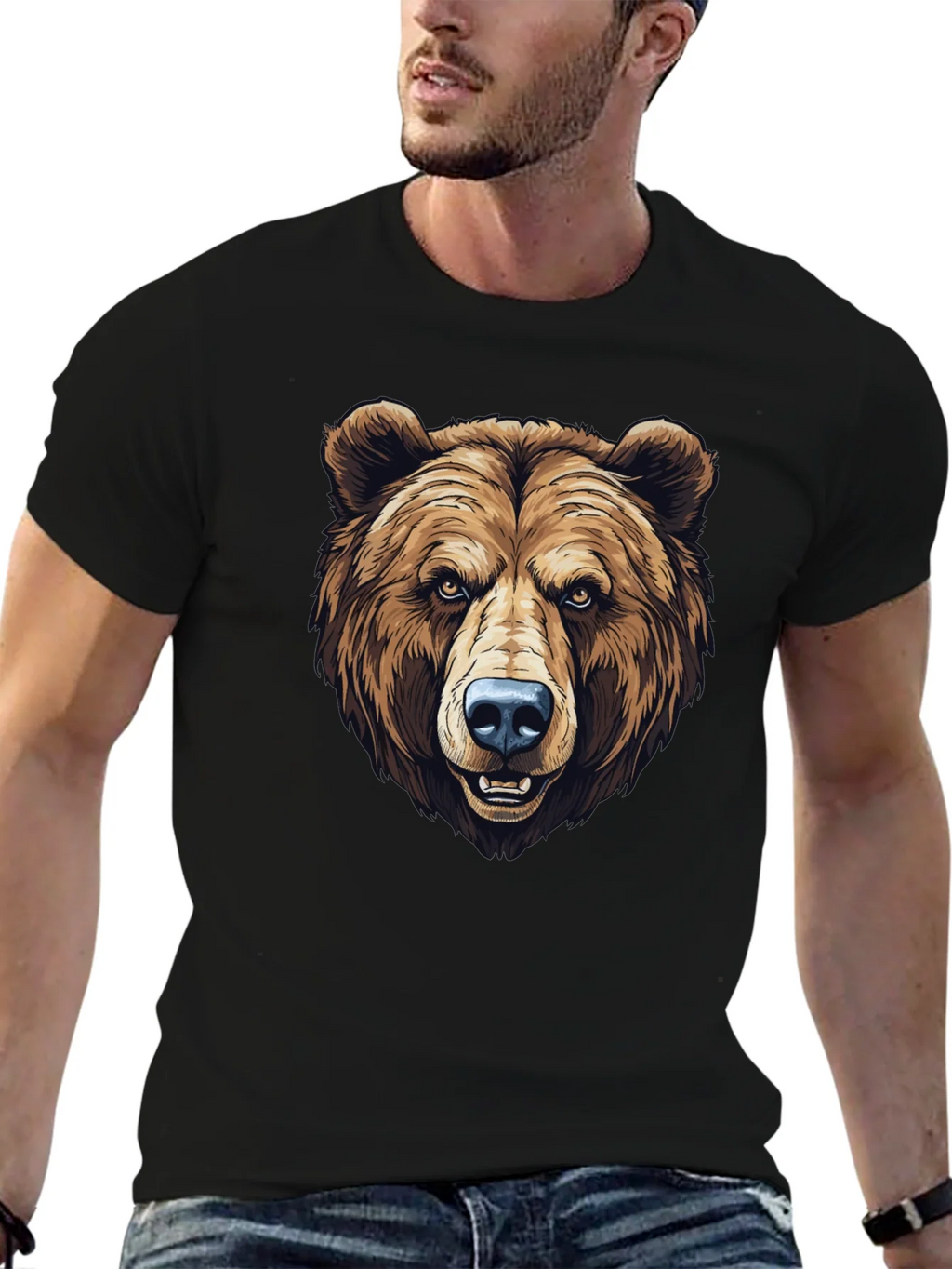 Mens Black T-Shirt with Grizzly Bear Graphic
