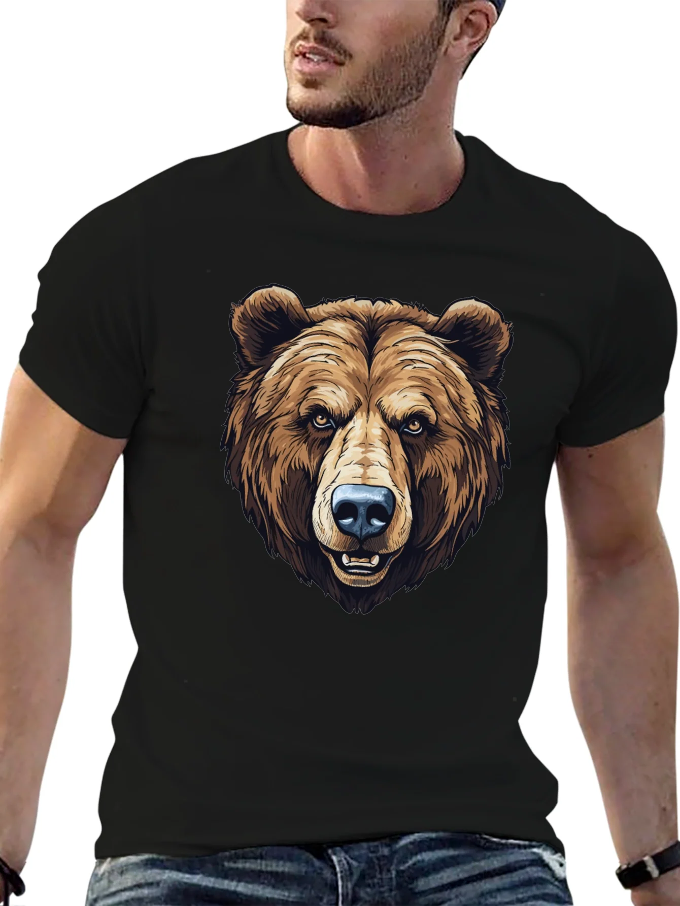 Mens Black T-Shirt with Grizzly Bear Graphic