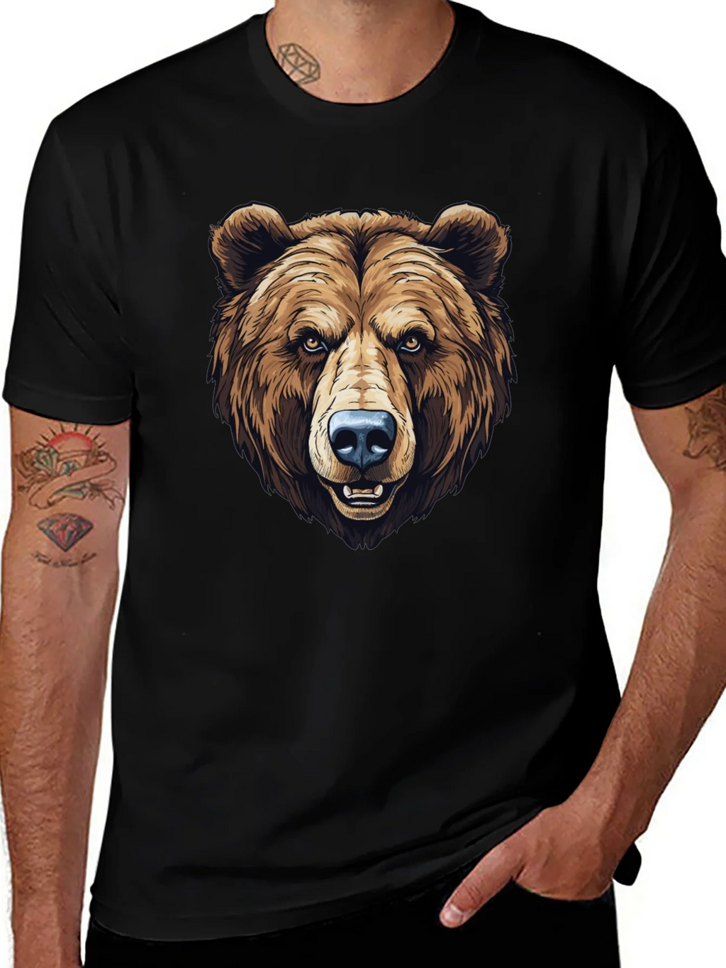 Mens Black T-Shirt with Grizzly Bear Graphic