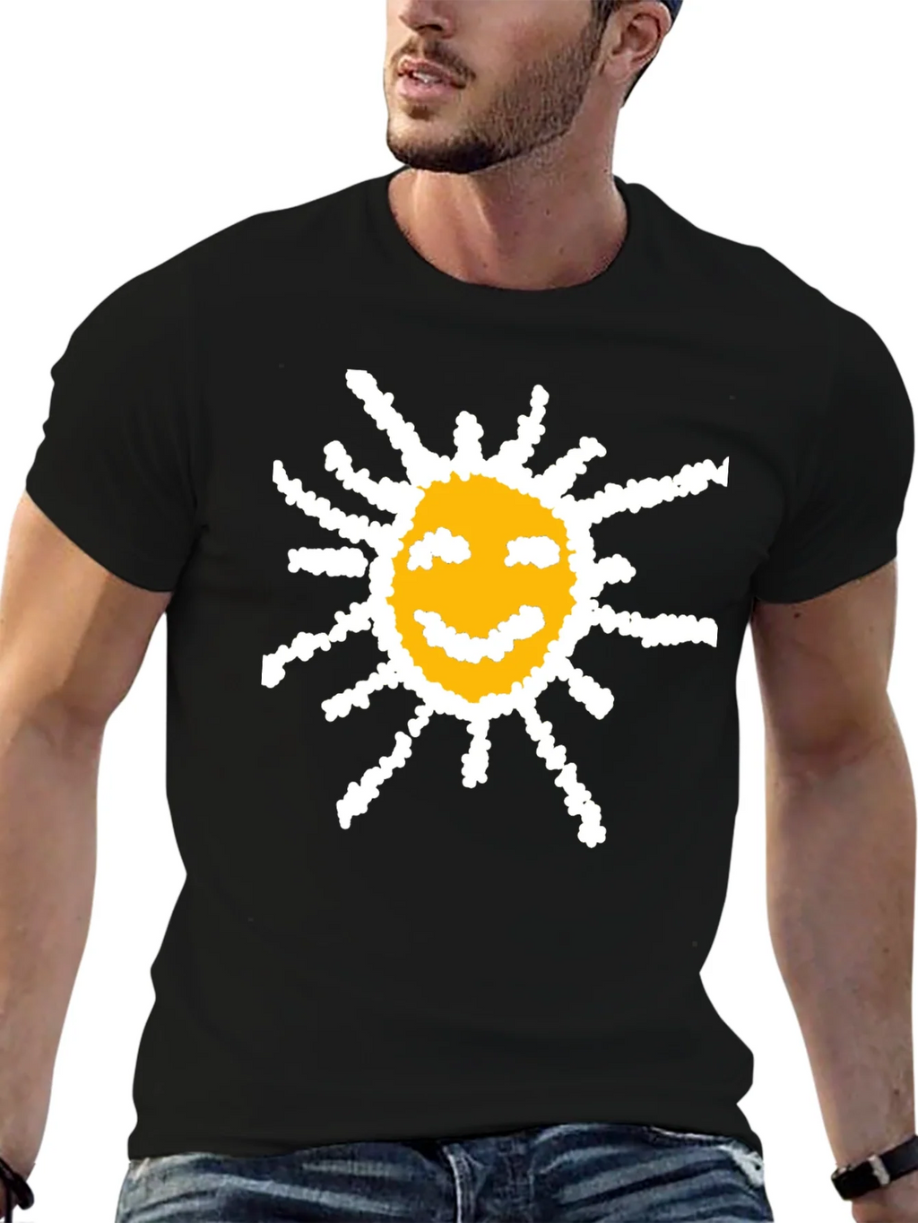 Happy Sun Graphic Tee - Black Cotton T-Shirt