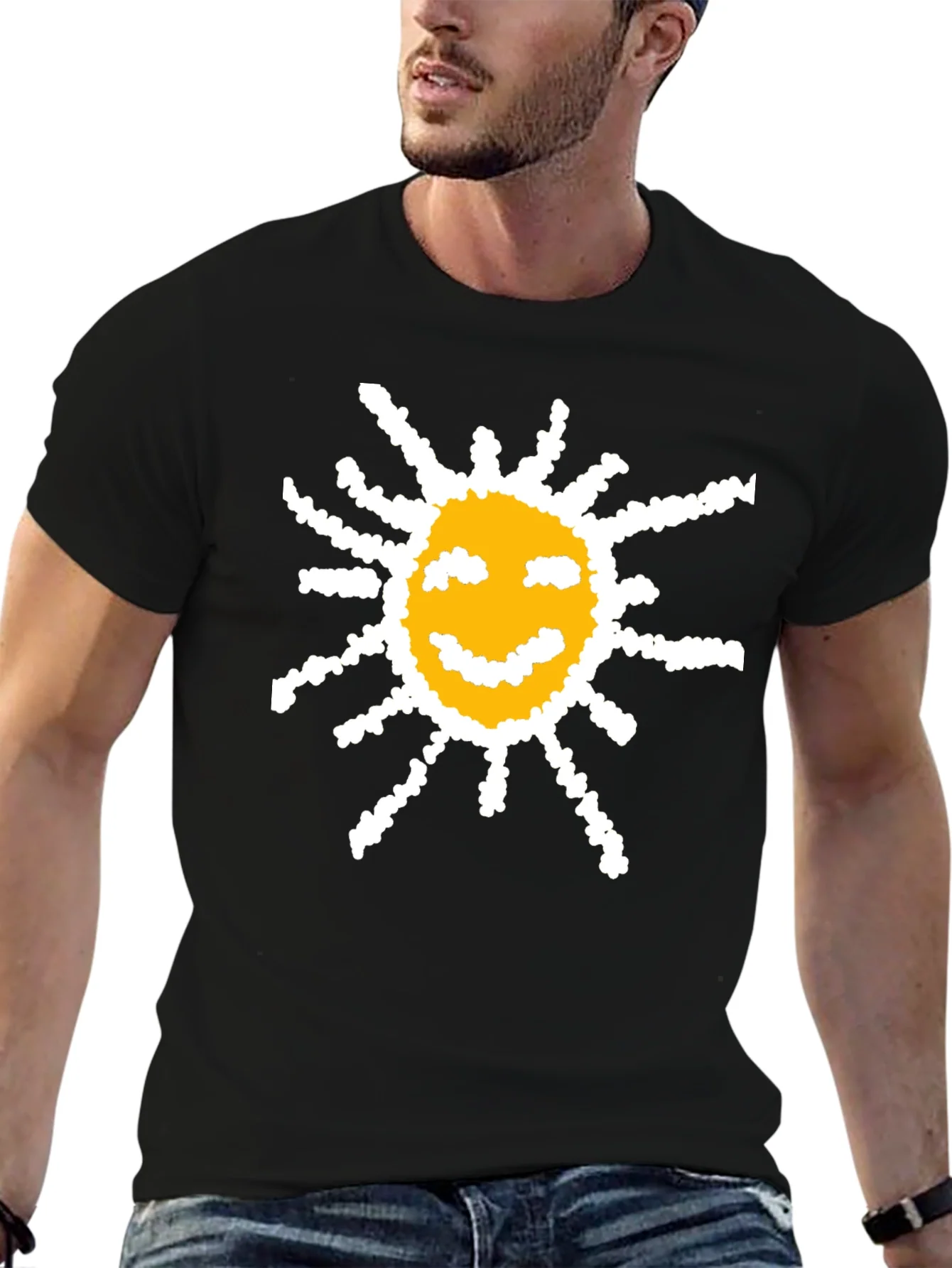 Happy Sun Graphic Tee - Black Cotton T-Shirt