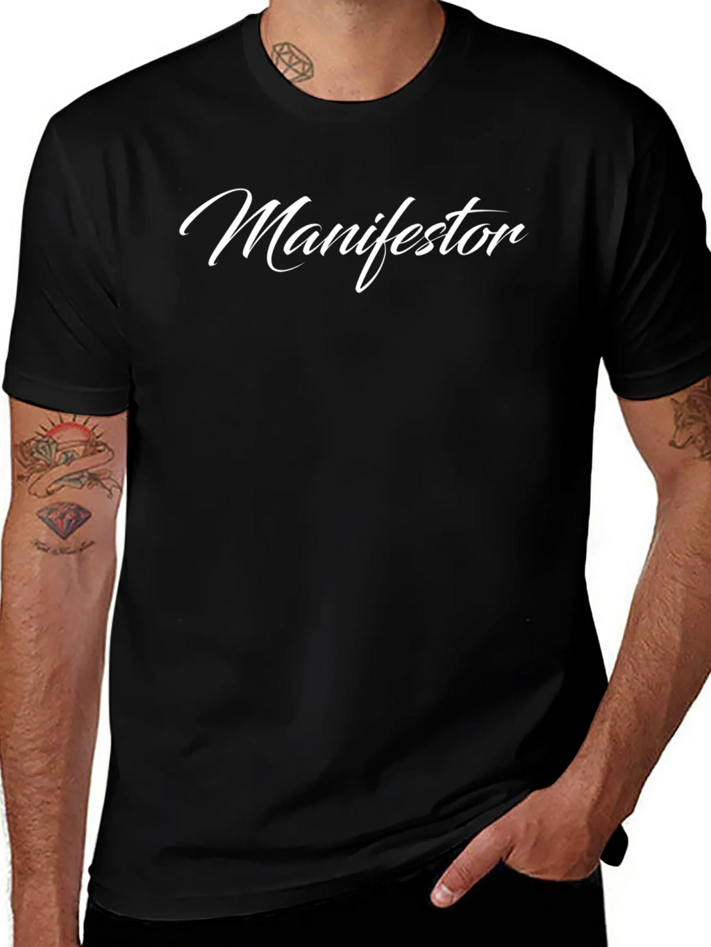 Manifestor Black Tee - Stylish Script Design