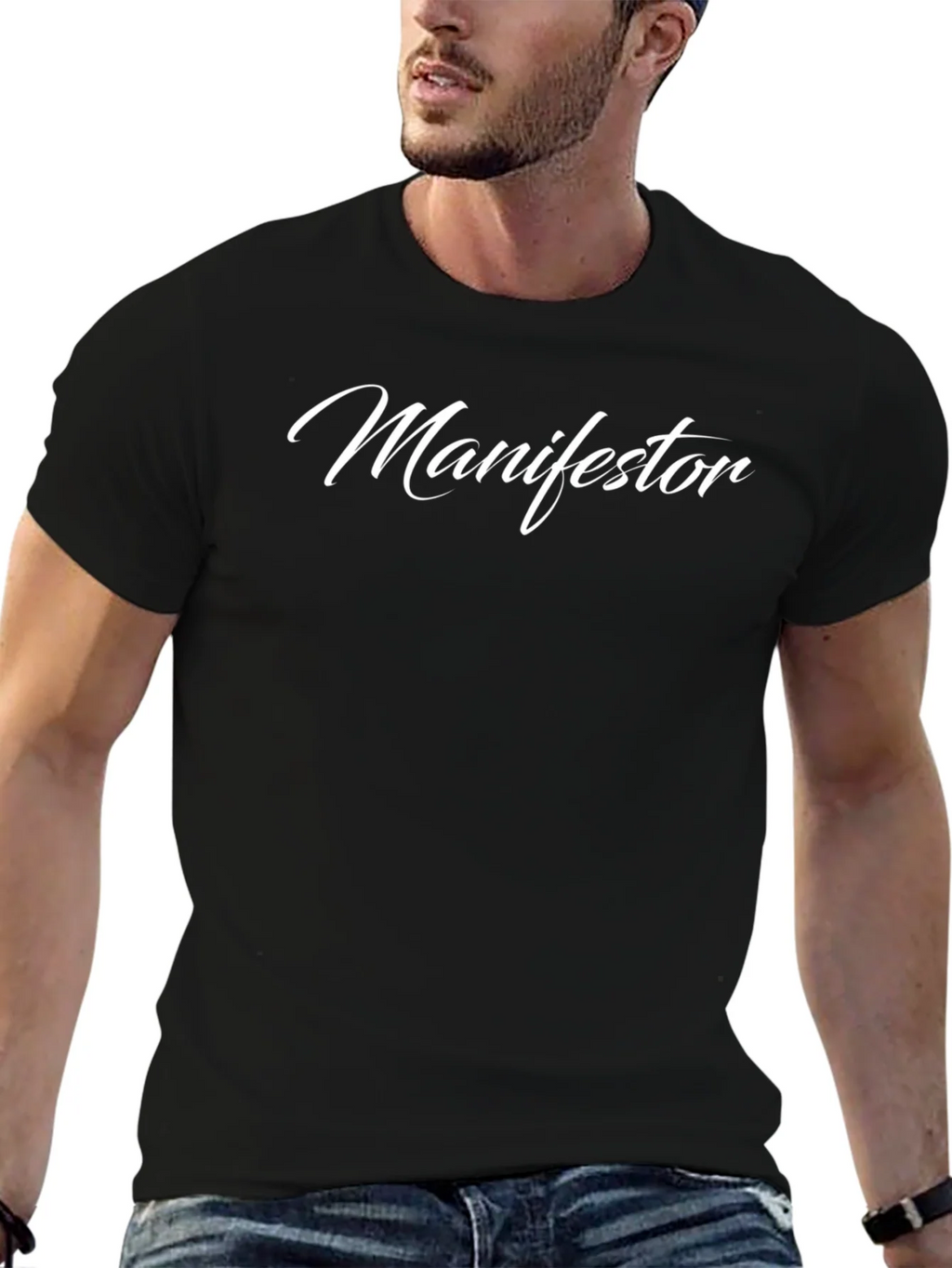 Manifestor Black Tee - Stylish Script Design
