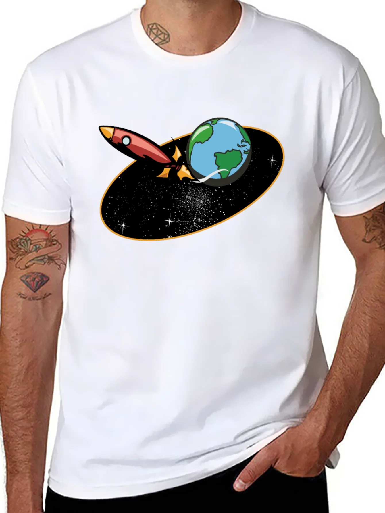 Rocket Around Earth Graphic T-Shirt - Black