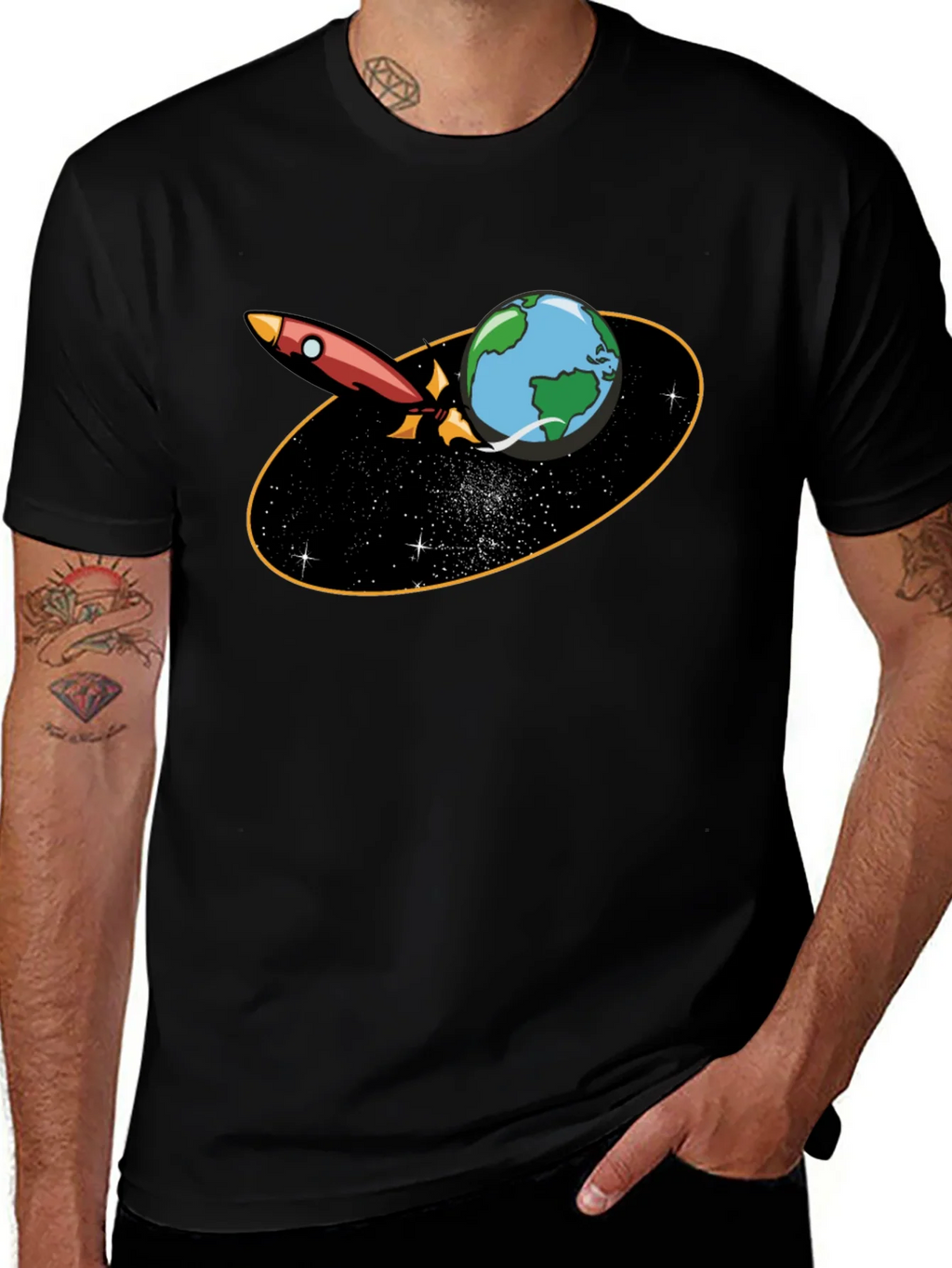 Rocket Around Earth Graphic T-Shirt - Black