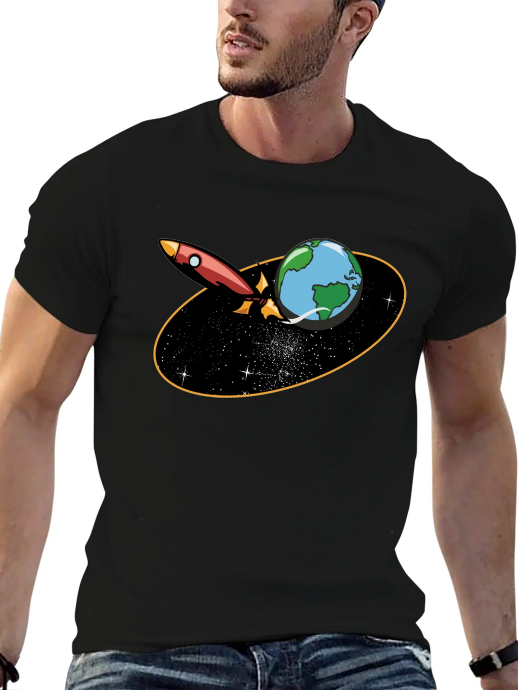 Rocket Around Earth Graphic T-Shirt - Black