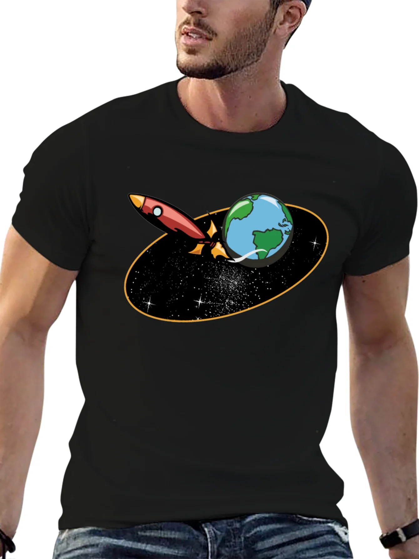 Rocket Around Earth Graphic T-Shirt - Black
