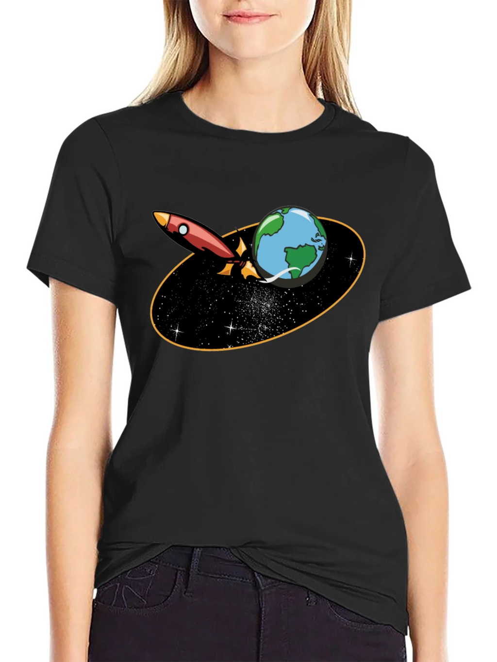Rocket Around Earth Graphic T-Shirt - Black