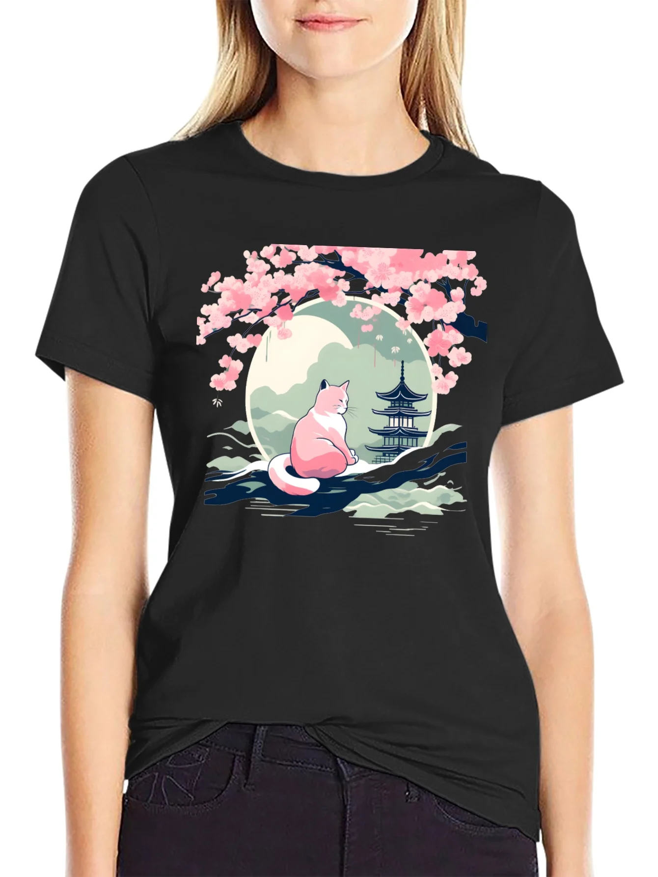 Cherry Blossom Cat T-Shirt - Zen Style