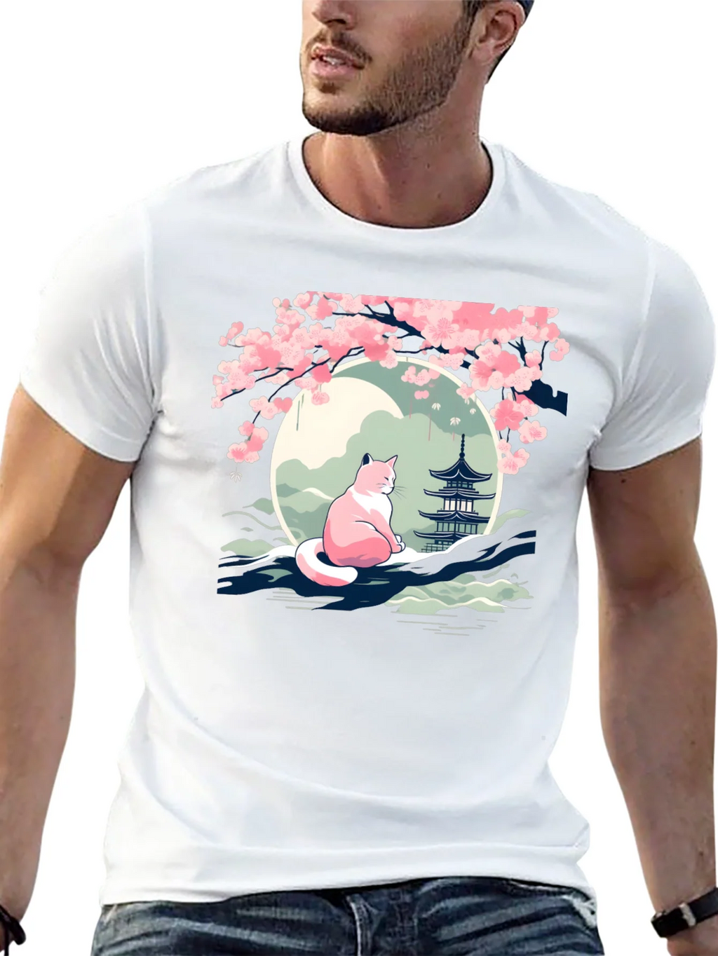Cherry Blossom Cat T-Shirt - Zen Style