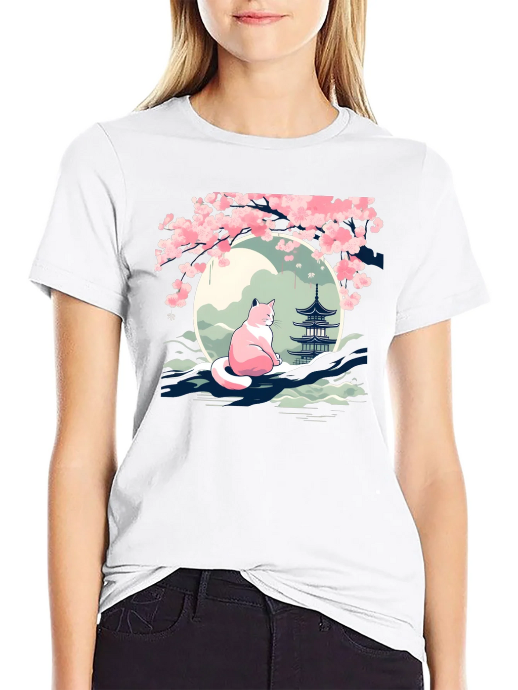 Cherry Blossom Cat T-Shirt - Zen Style