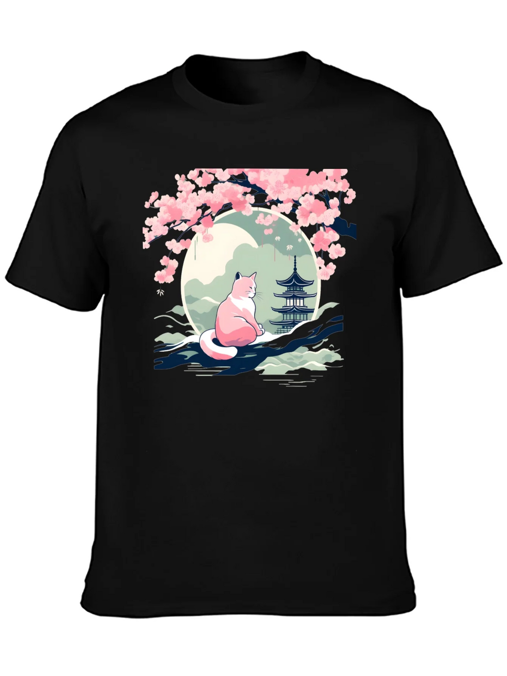 Cherry Blossom Cat T-Shirt - Zen Style