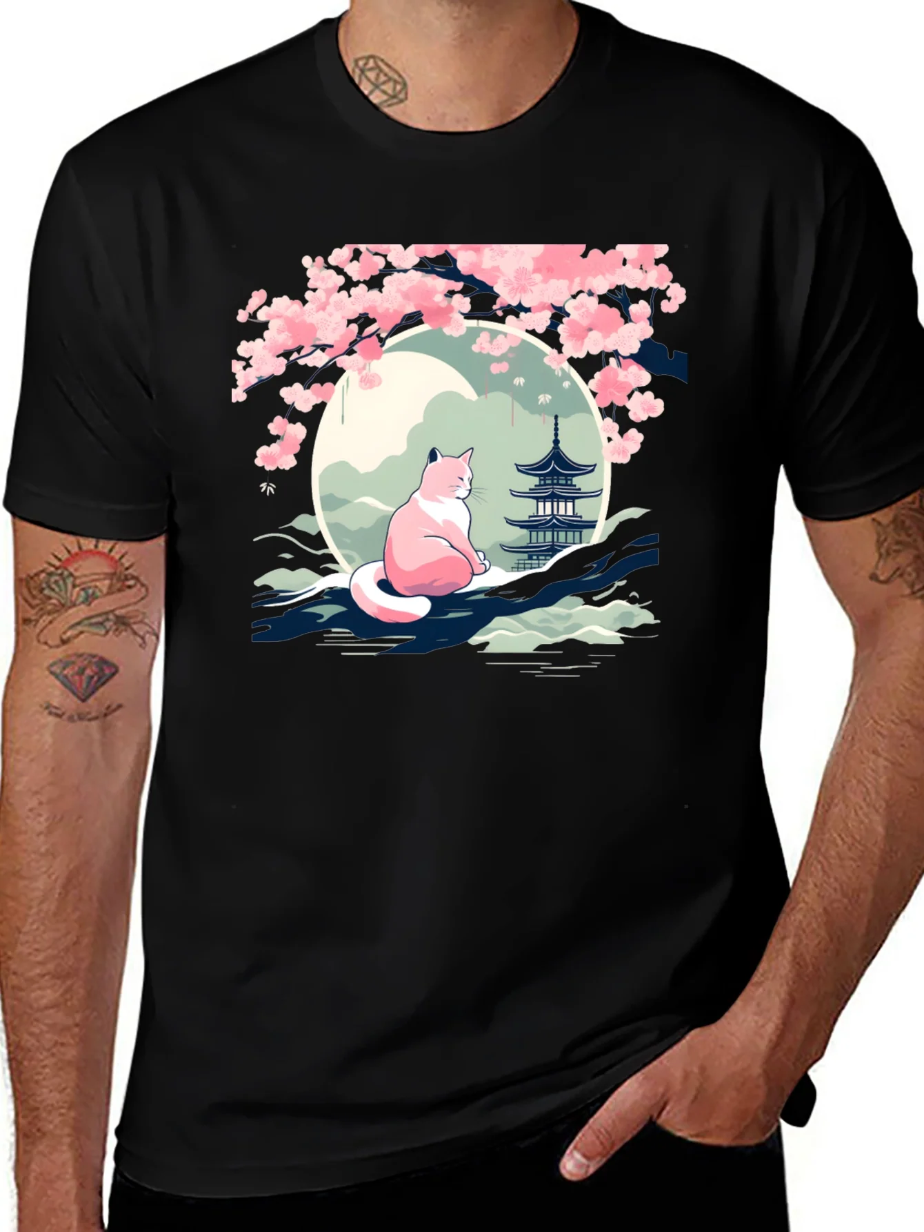 Cherry Blossom Cat T-Shirt - Zen Style