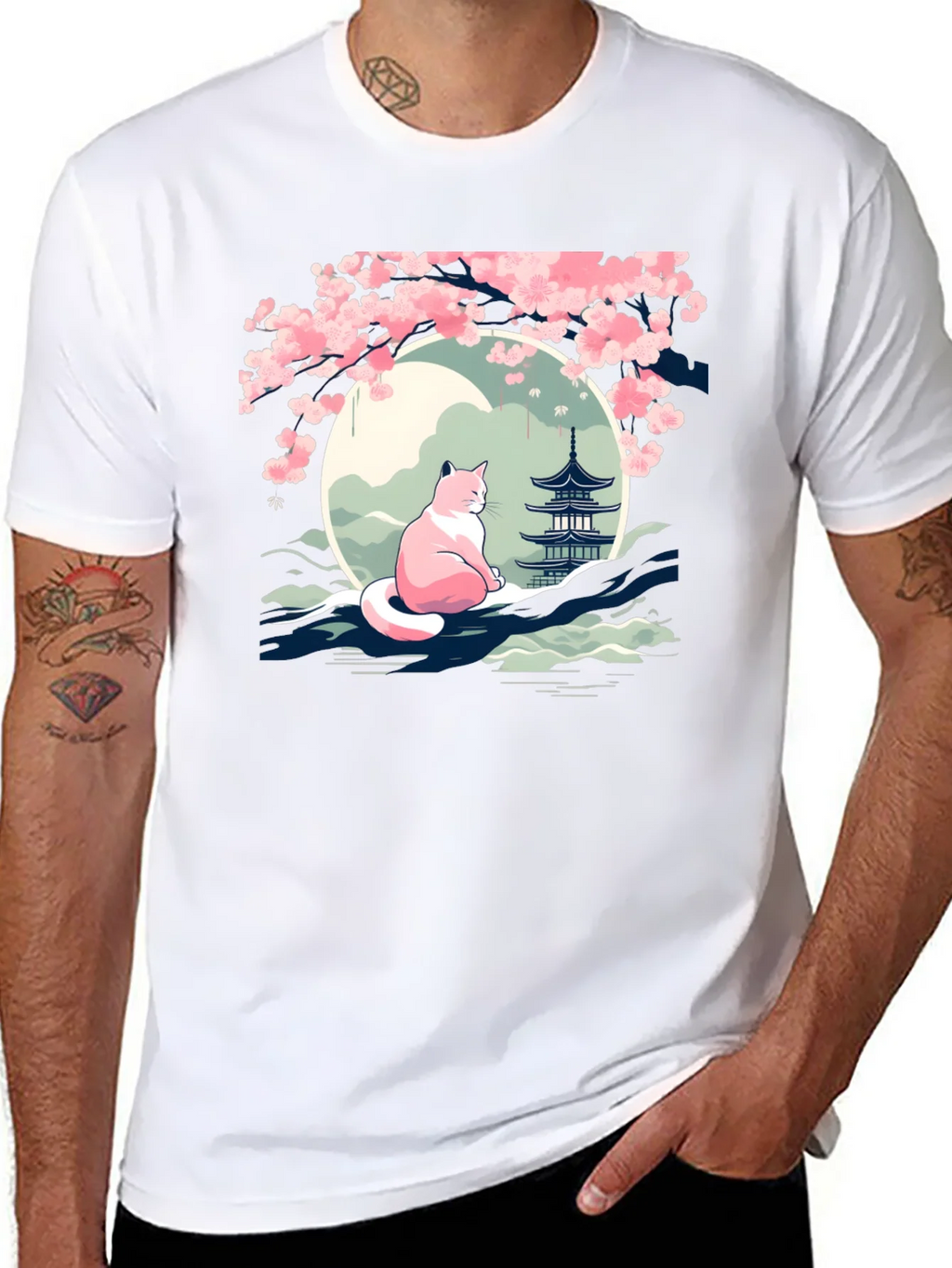 Cherry Blossom Cat T-Shirt - Zen Style