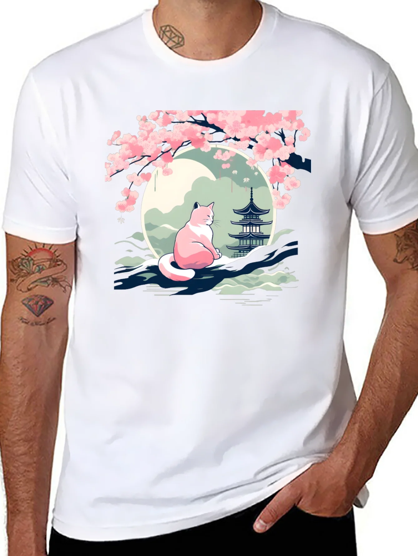 Cherry Blossom Cat T-Shirt - Zen Style