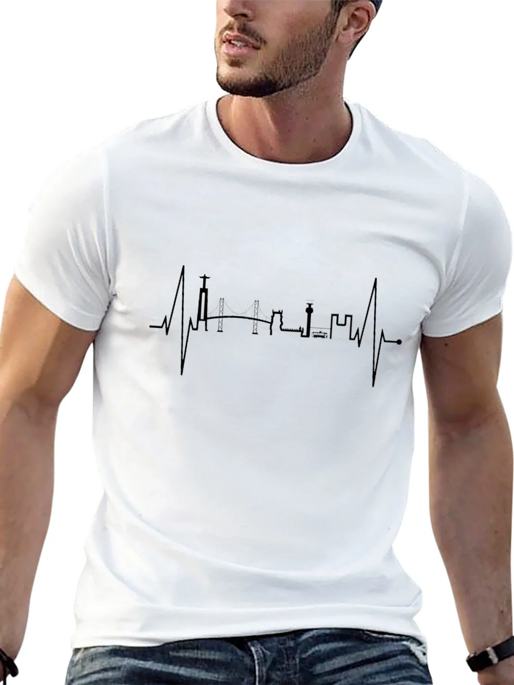 Lisbon Skyline Heartbeat T-Shirt - Black