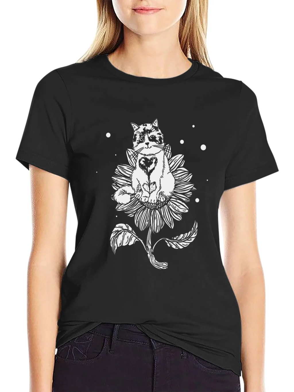Grumpy Cat Sunflower Graphic Tee - Black Cotton T-Shirt