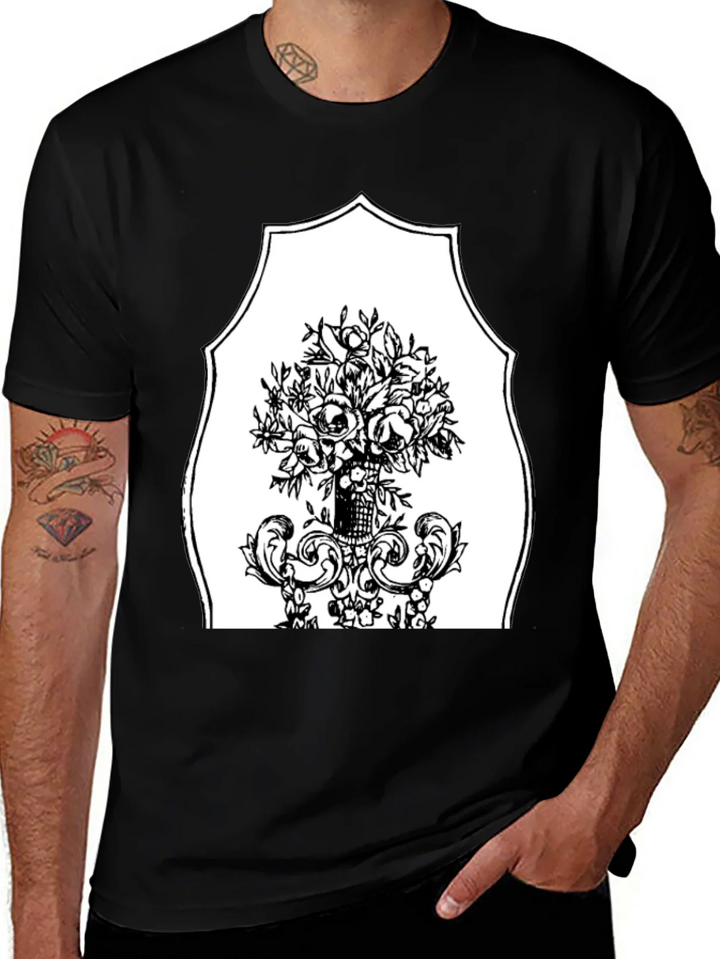 Black T-Shirt with Floral Bouquet Graphic