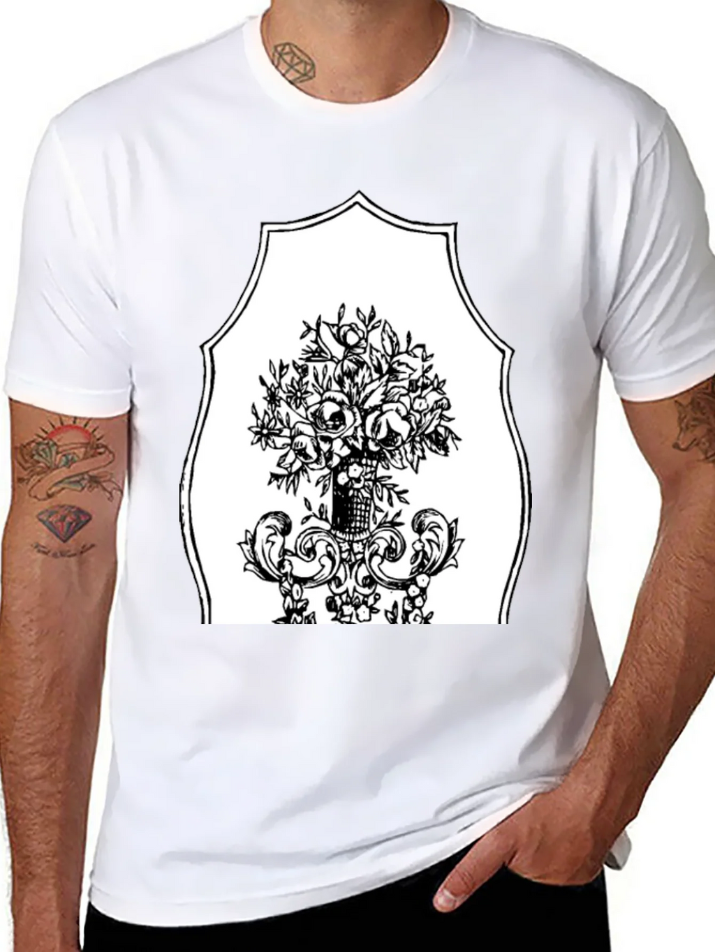 Black T-Shirt with Floral Bouquet Graphic