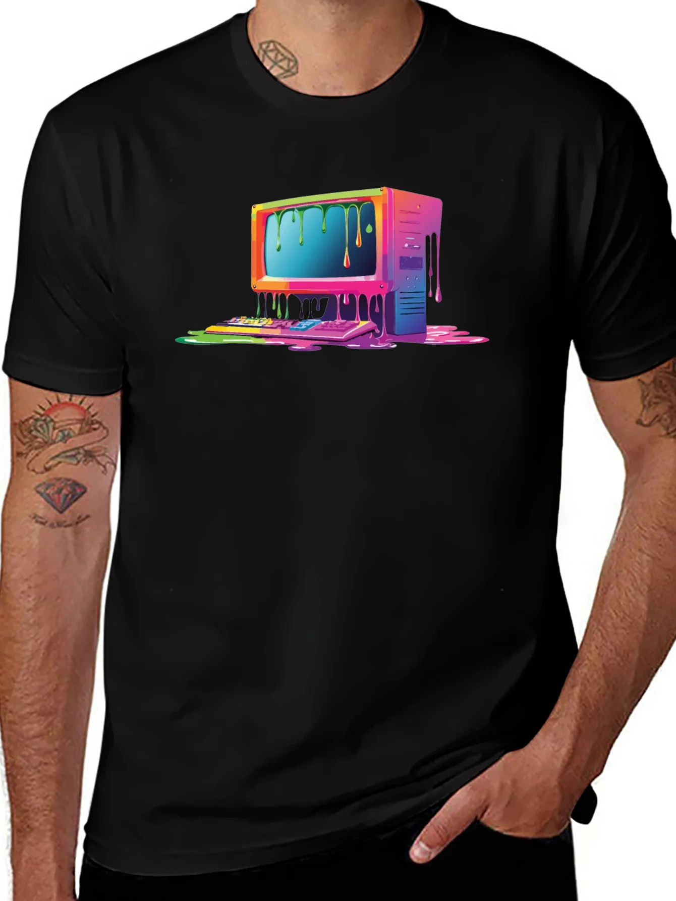 Retro Melting Computer Graphic Tee - Black