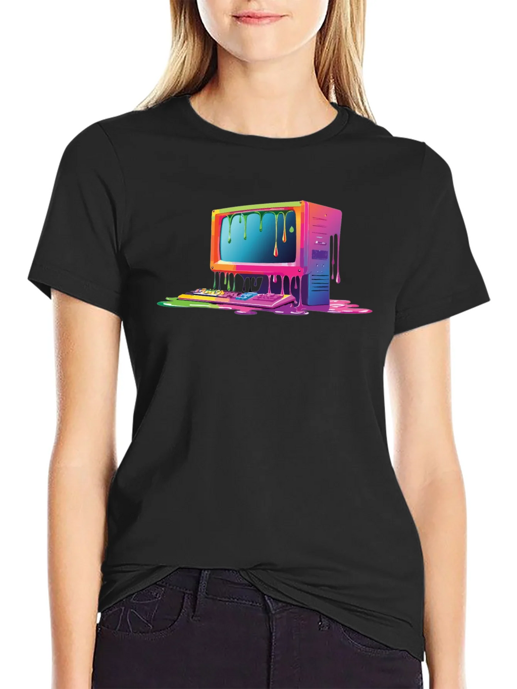 Retro Melting Computer Graphic Tee - Black