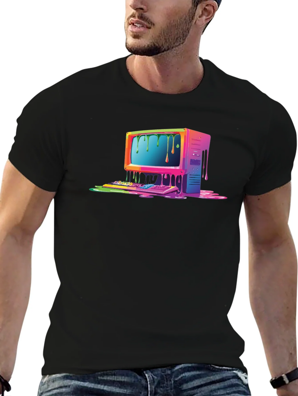 Retro Melting Computer Graphic Tee - Black