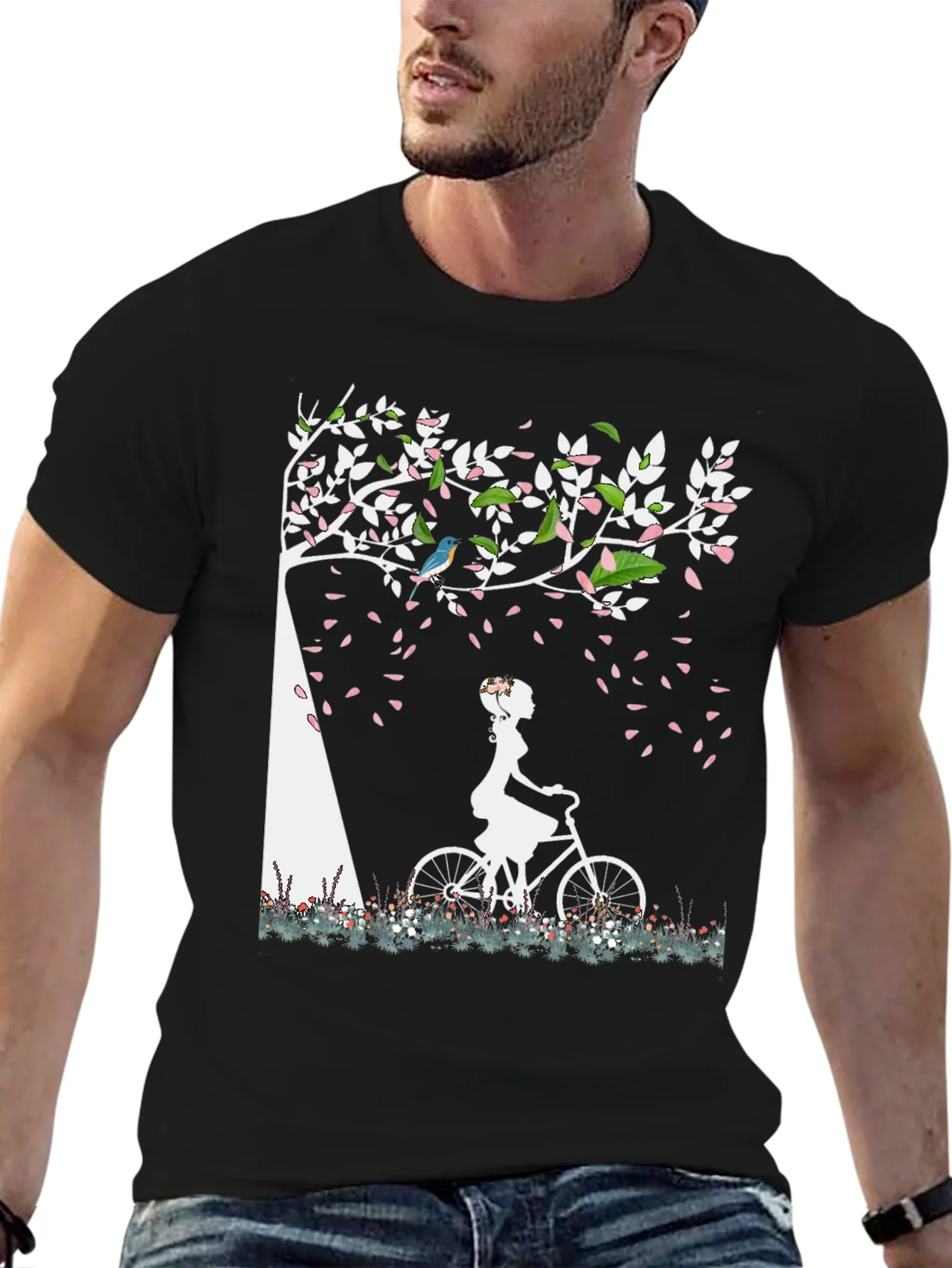 Nature-Inspired Graphic Tee - Girl on Bike