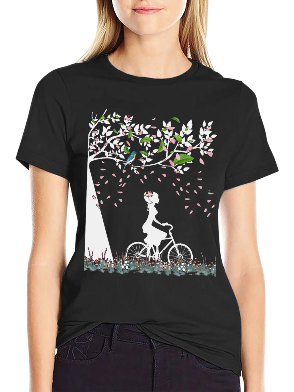 Nature-Inspired Graphic Tee - Girl on Bike