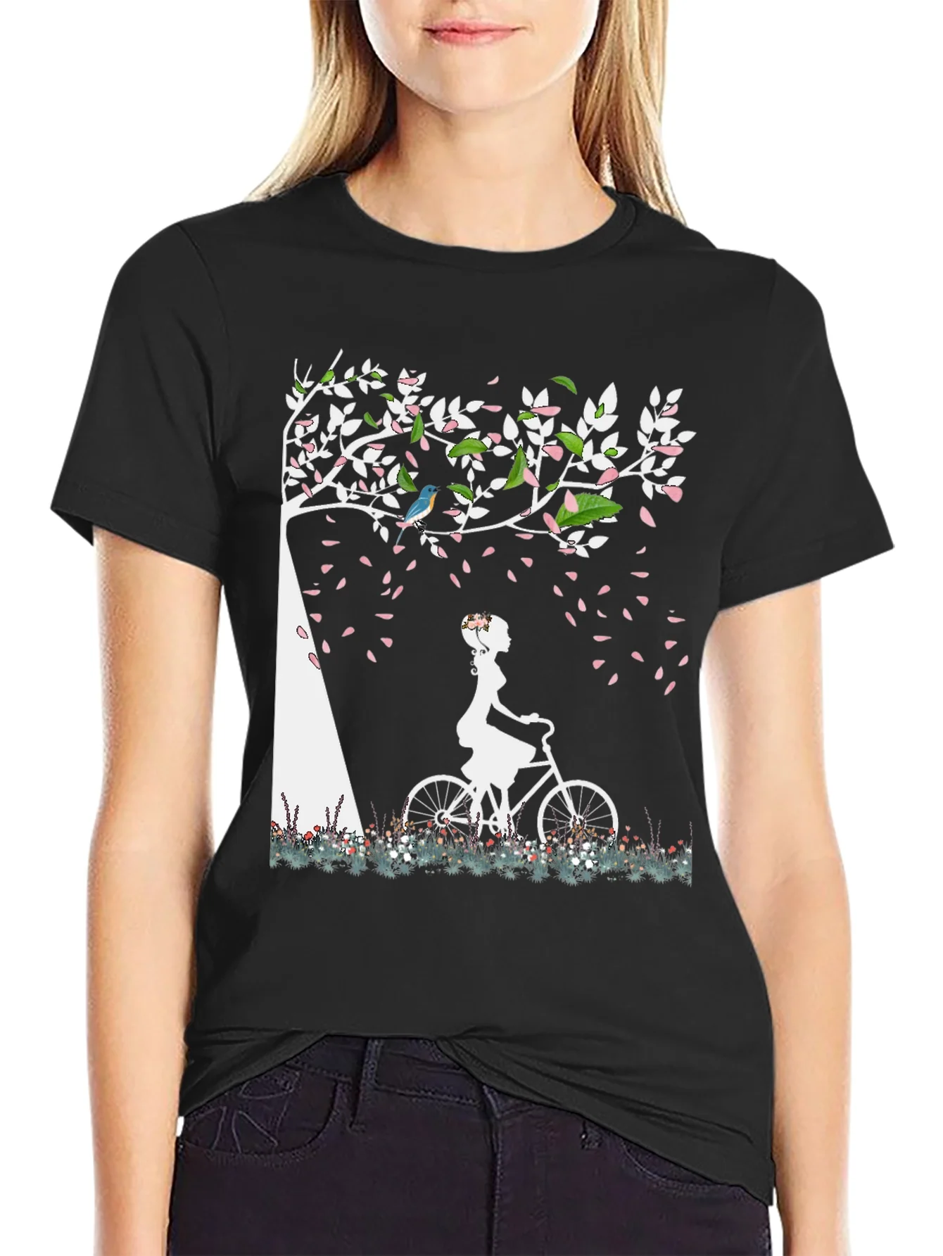 Nature-Inspired Graphic Tee - Girl on Bike