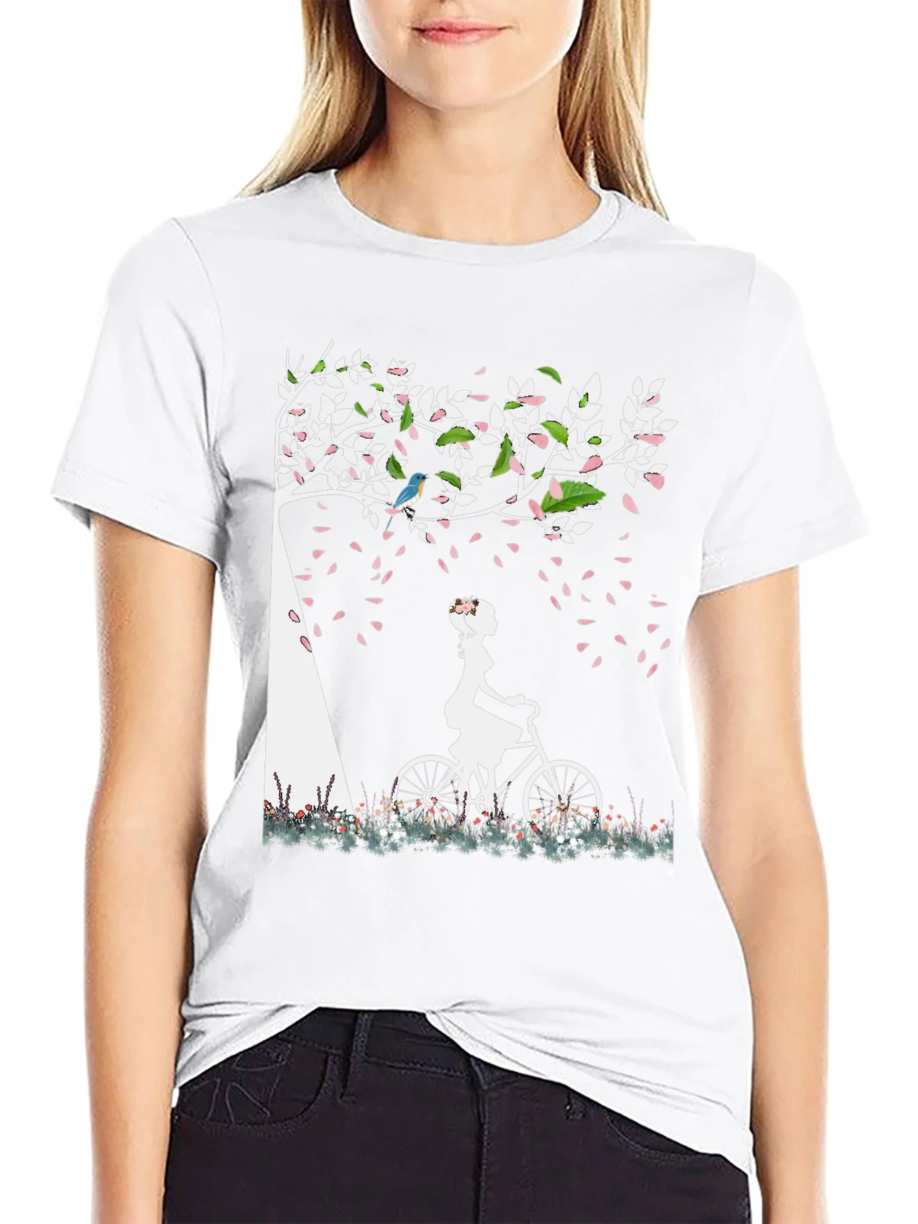 Nature-Inspired Graphic Tee - Girl on Bike