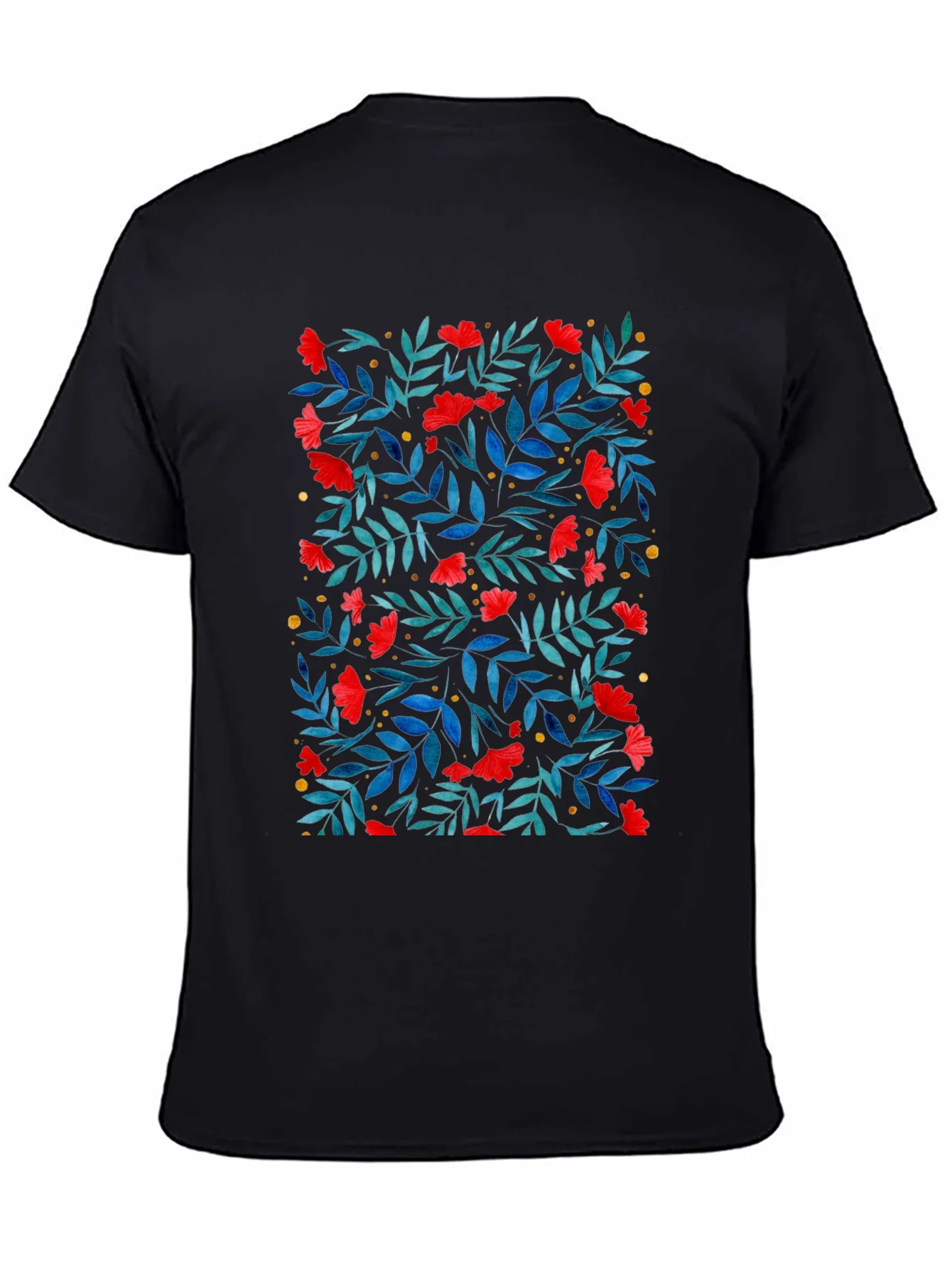 Floral Print T-Shirt - Red Flowers on Black