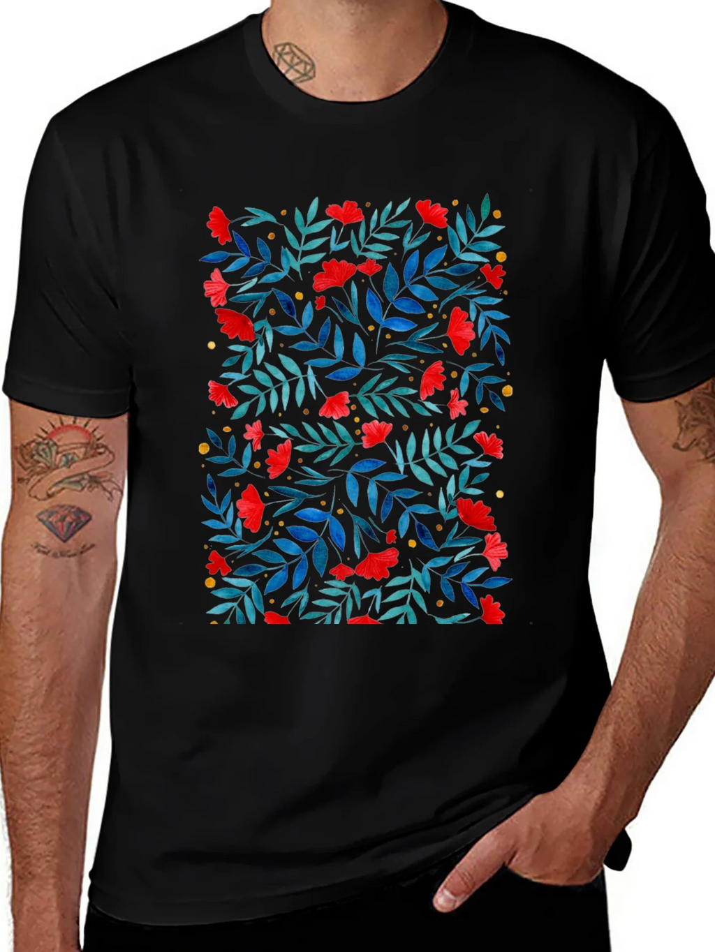 Floral Print T-Shirt - Red Flowers on Black