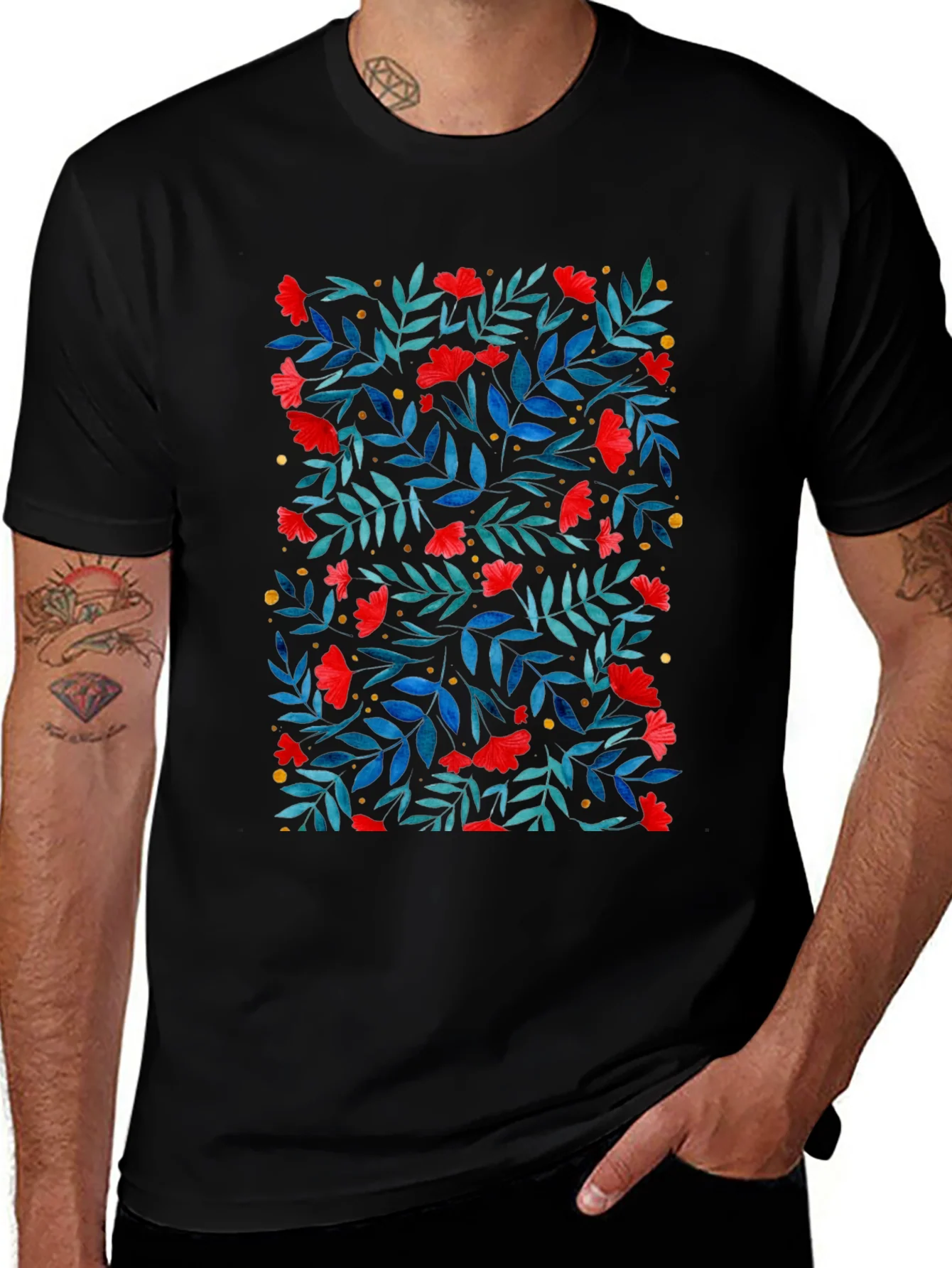 Floral Print T-Shirt - Red Flowers on Black