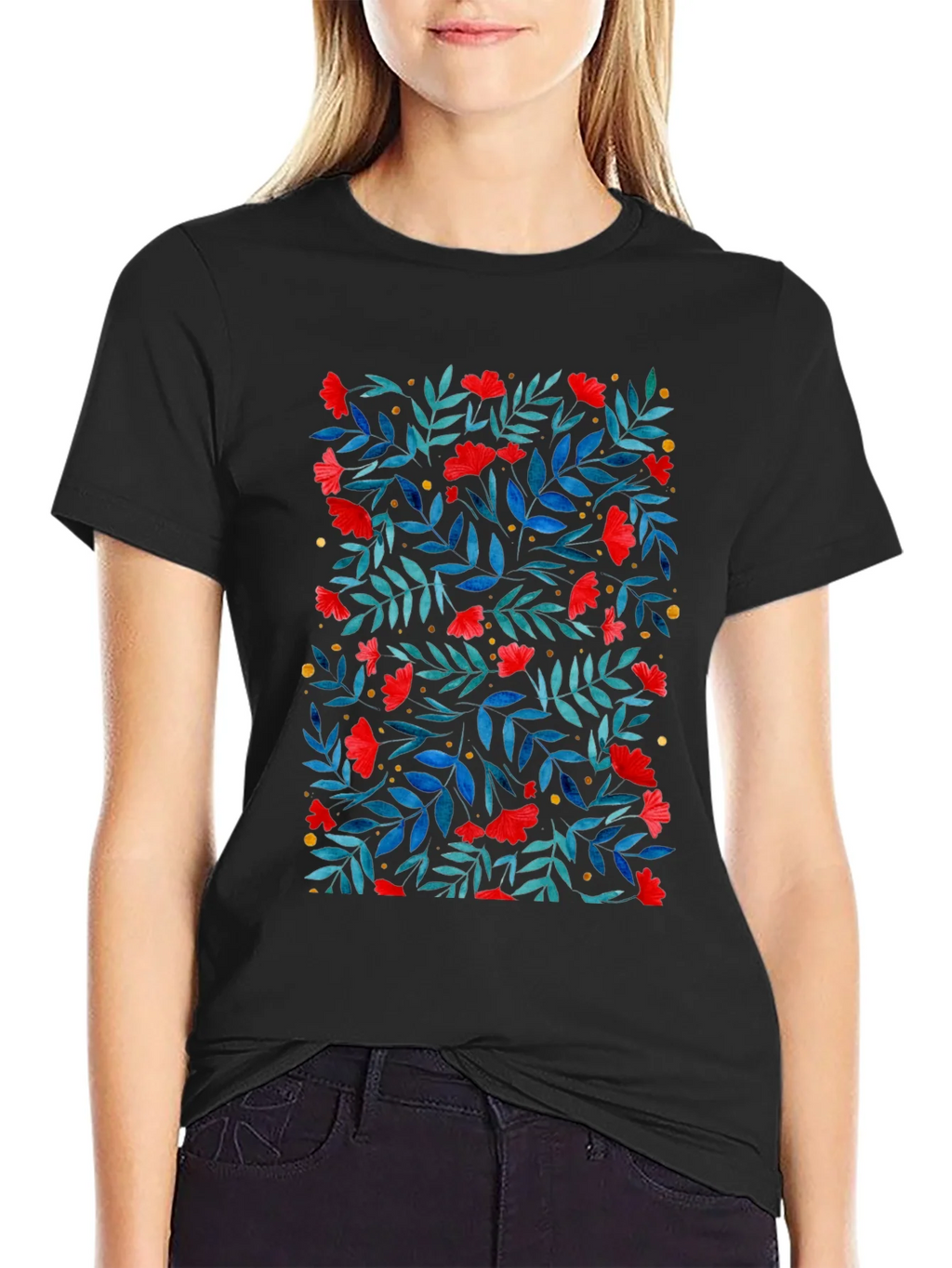 Floral Print T-Shirt - Red Flowers on Black