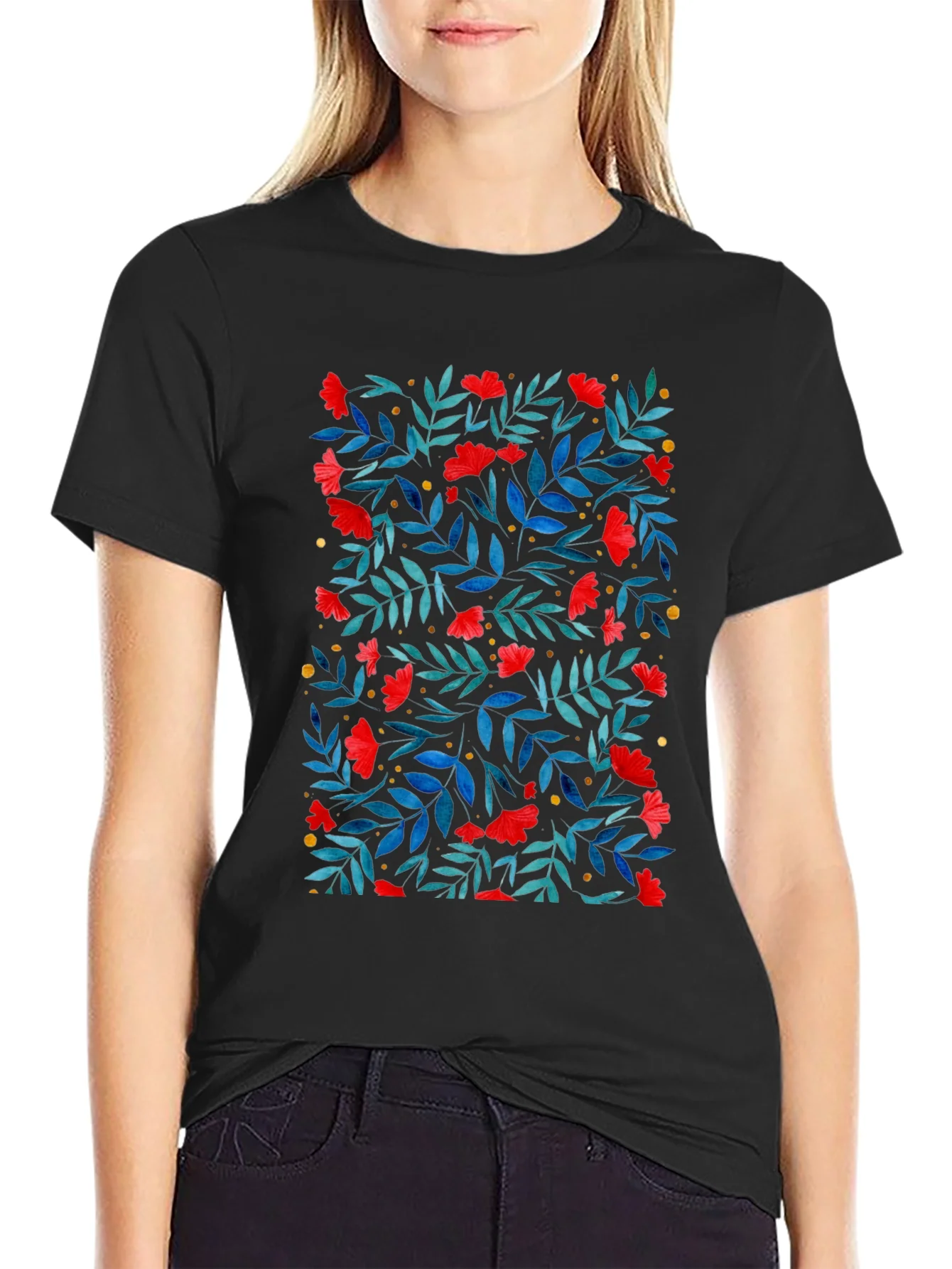 Floral Print T-Shirt - Red Flowers on Black