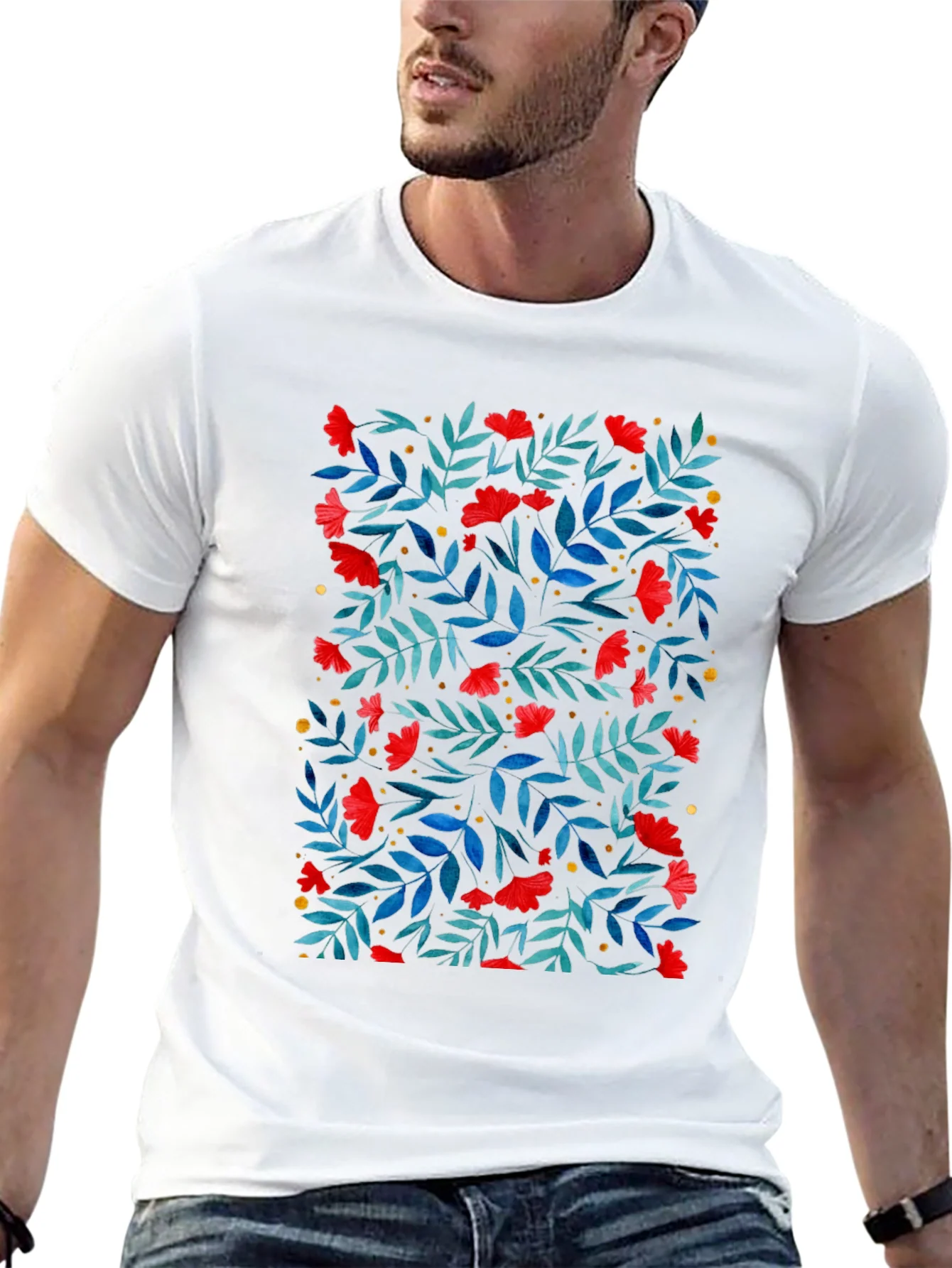 Floral Print T-Shirt - Red Flowers on Black