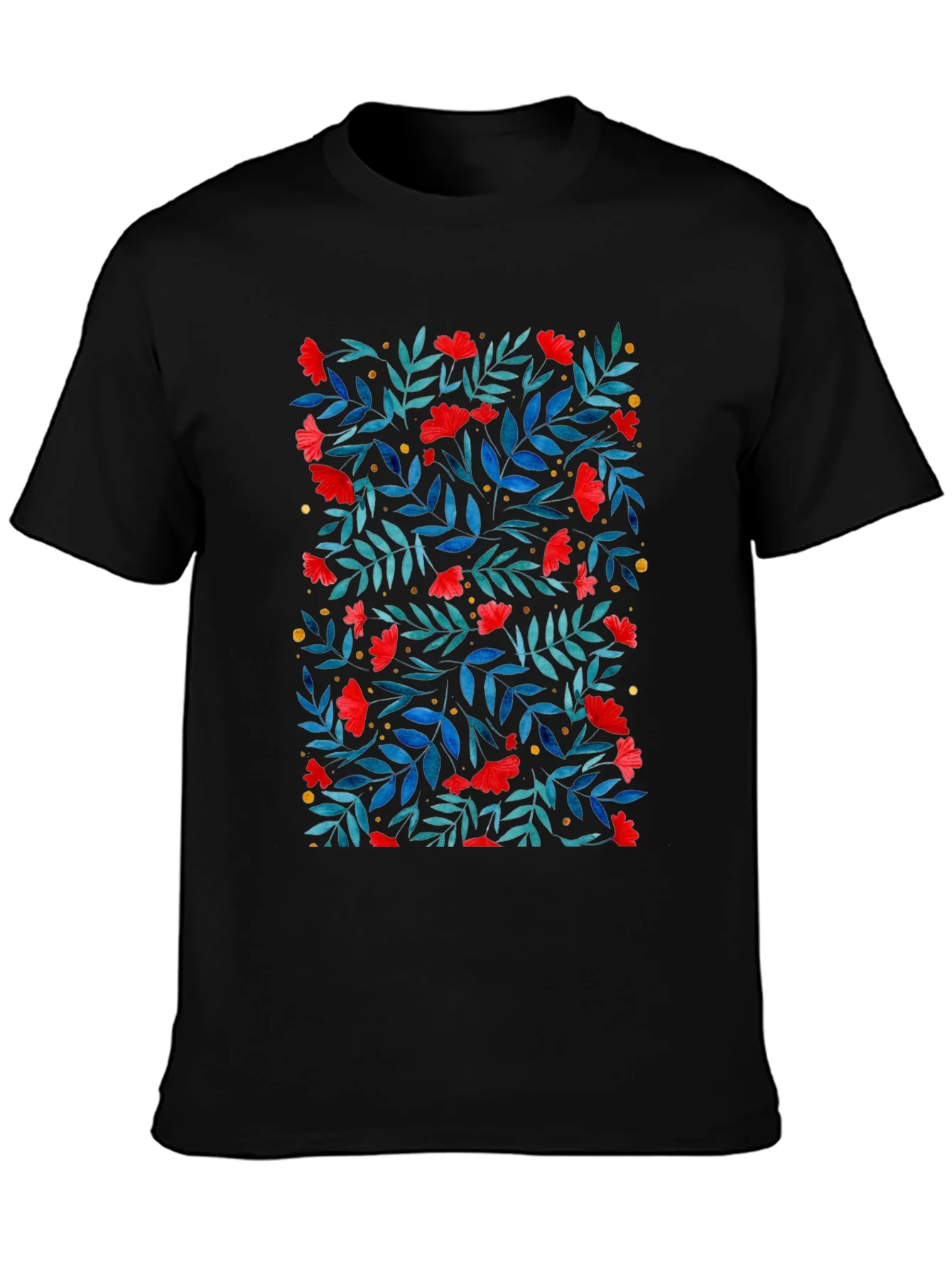 Floral Print T-Shirt - Red Flowers on Black