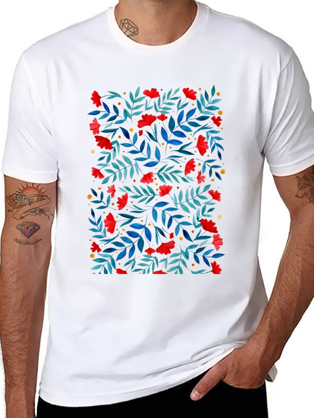 Floral Print T-Shirt - Red Flowers on Black