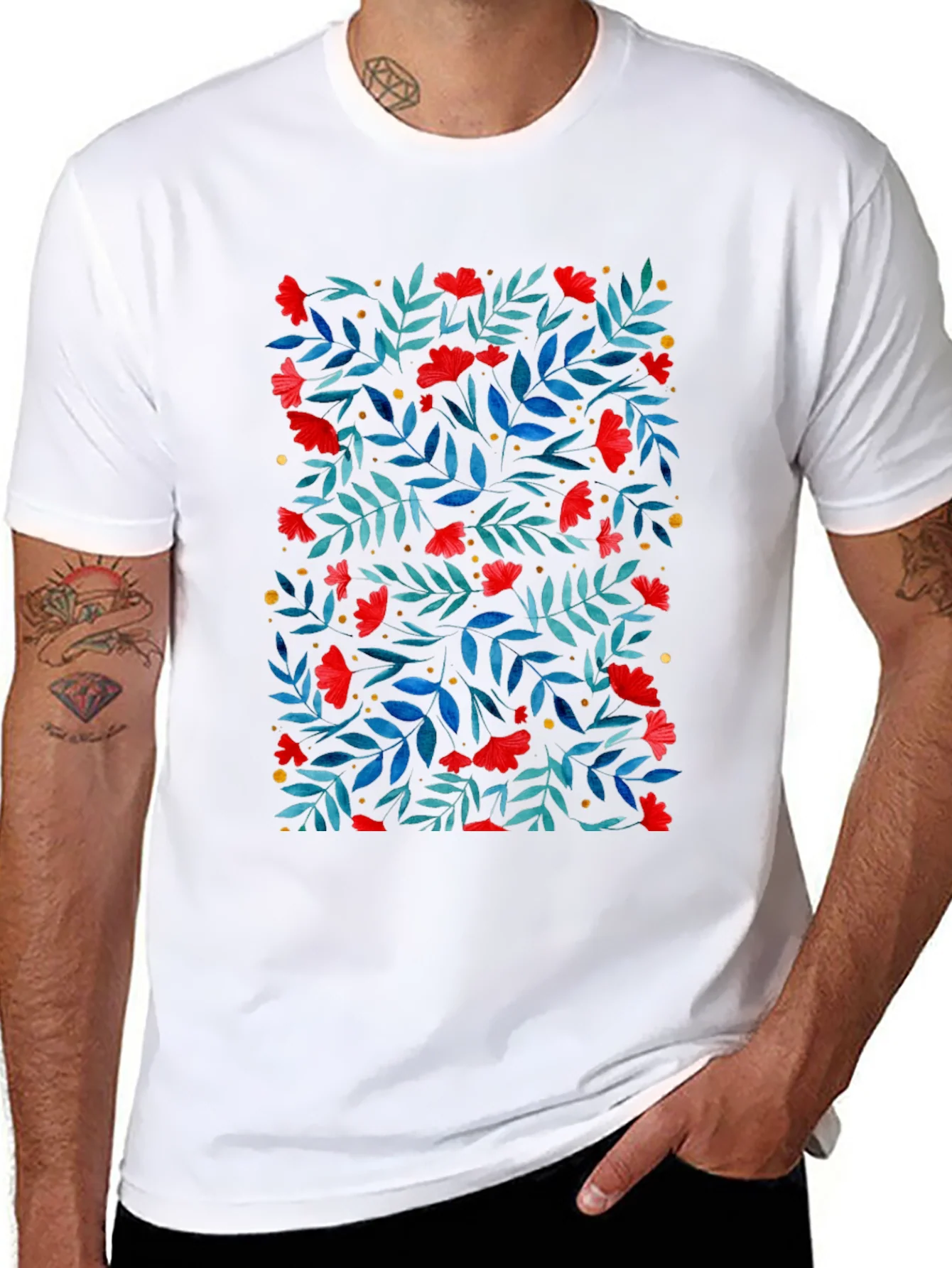 Floral Print T-Shirt - Red Flowers on Black