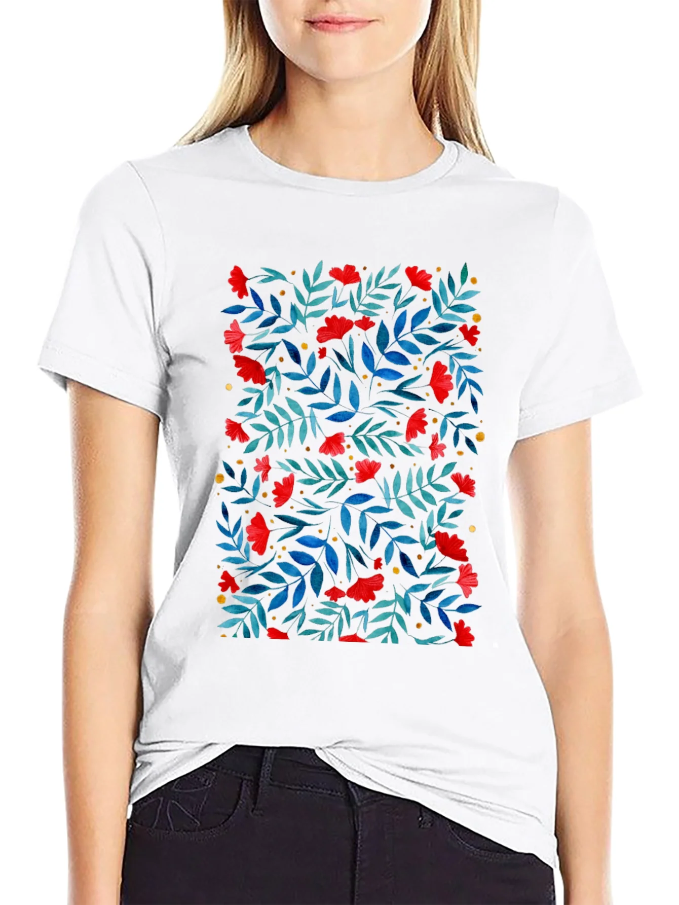Floral Print T-Shirt - Red Flowers on Black