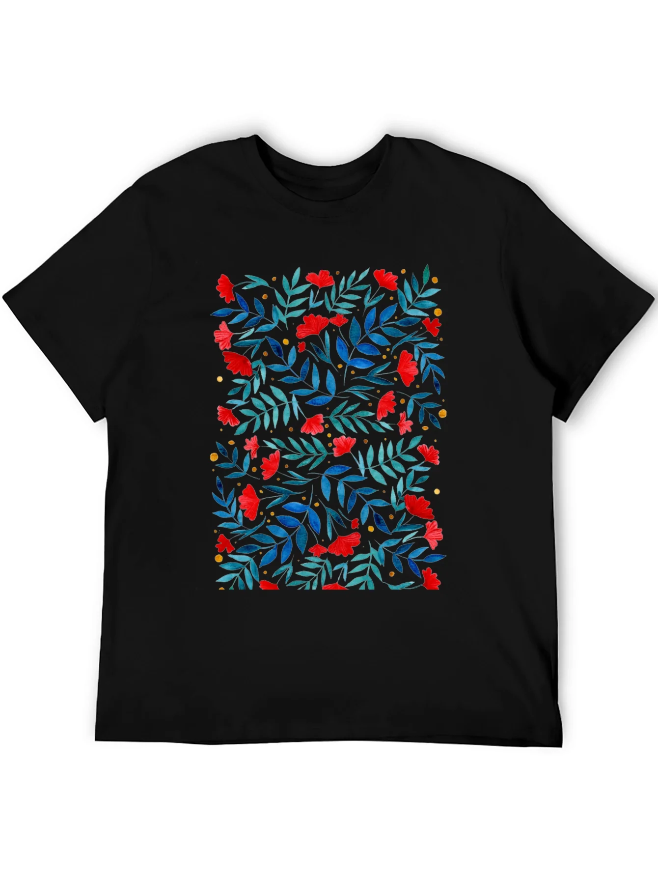 Floral Print T-Shirt - Red Flowers on Black