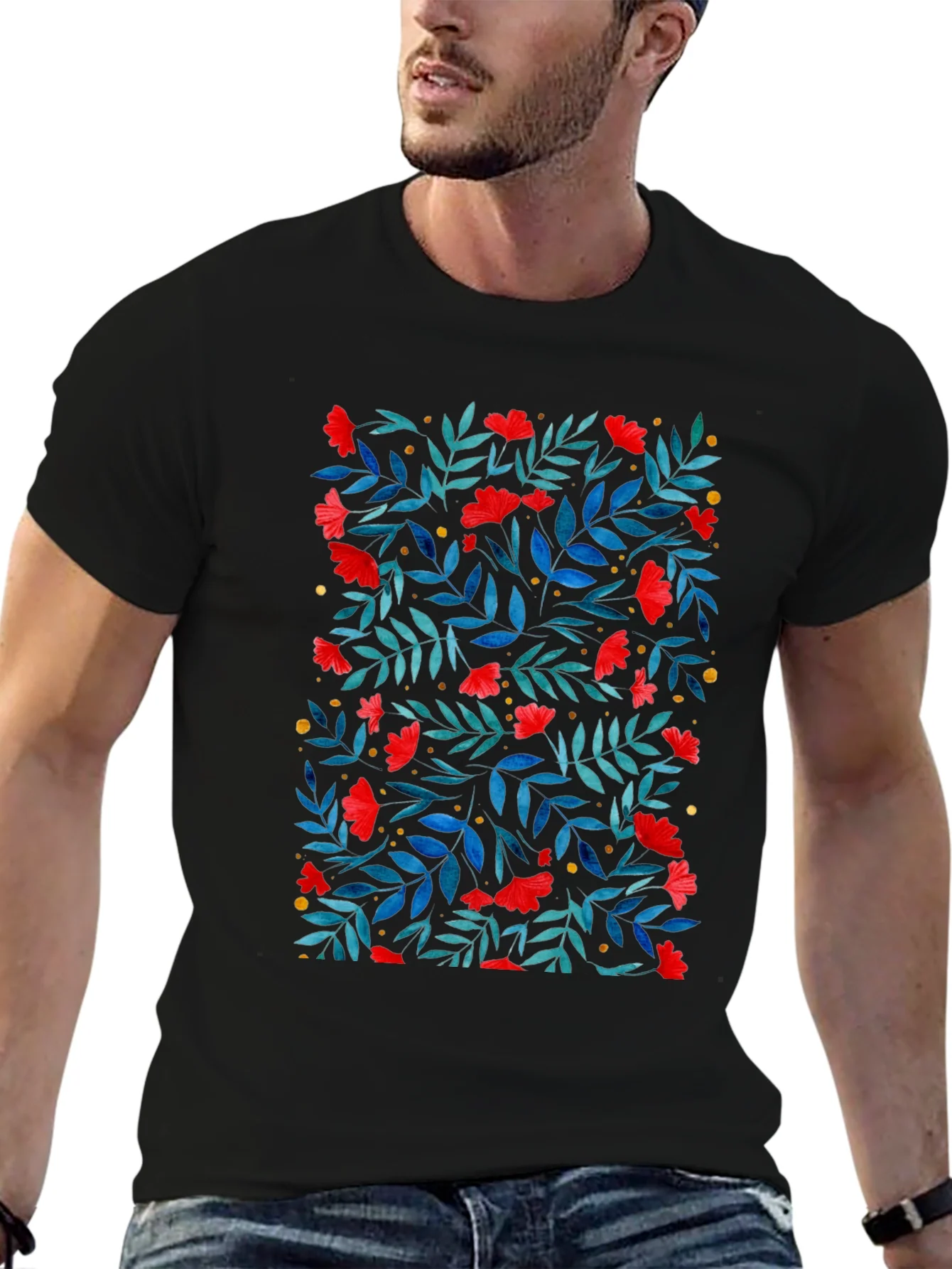 Floral Print T-Shirt - Red Flowers on Black