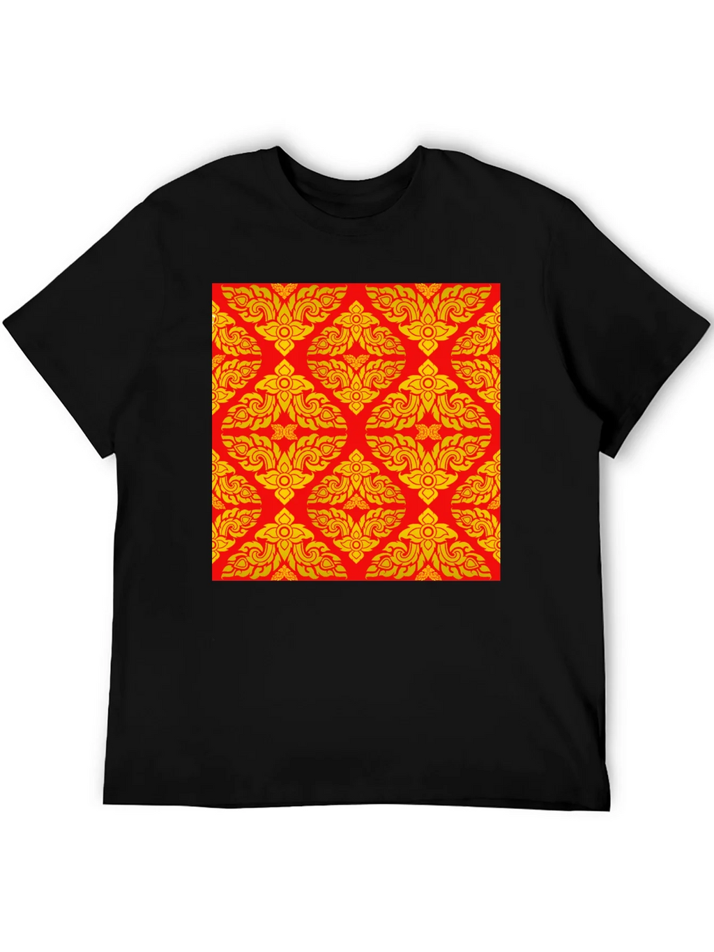 Black T-Shirt with Ornamental Red-Gold Pattern