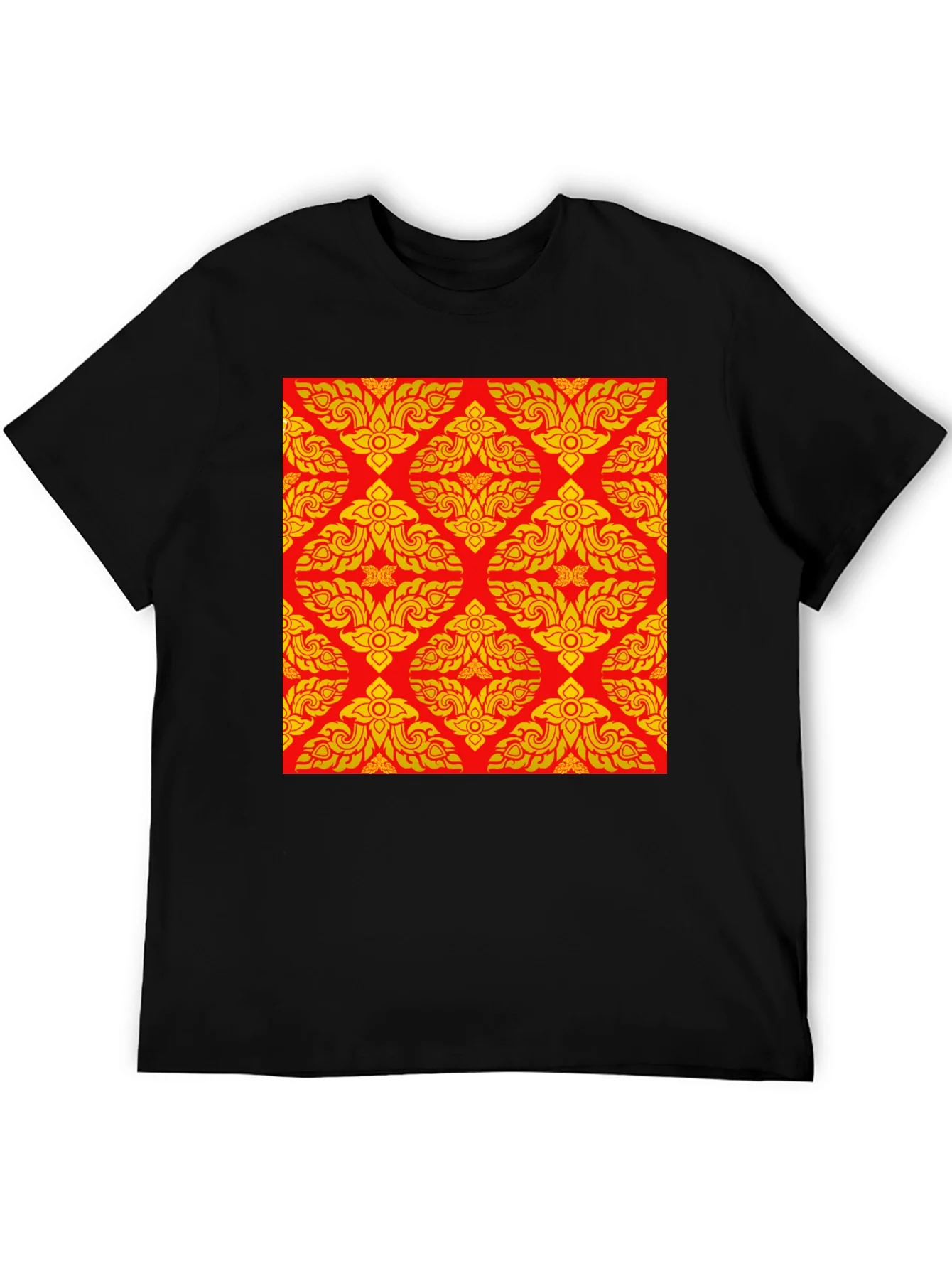 Black T-Shirt with Ornamental Red-Gold Pattern