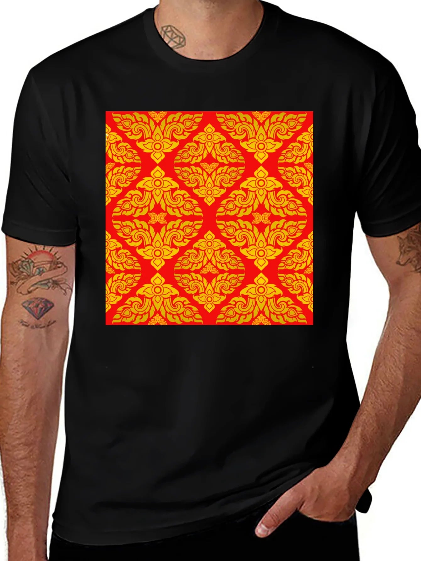 Black T-Shirt with Ornamental Red-Gold Pattern