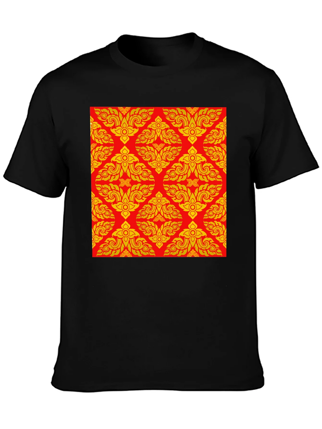 Black T-Shirt with Ornamental Red-Gold Pattern