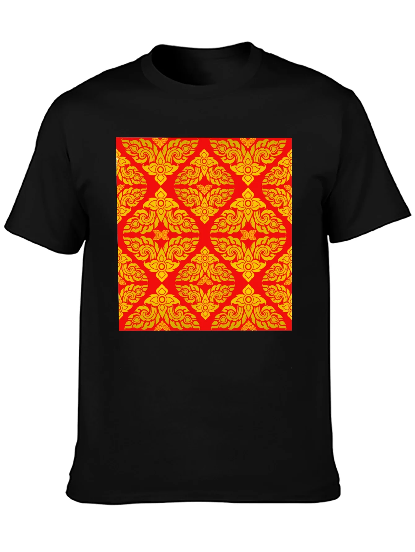 Black T-Shirt with Ornamental Red-Gold Pattern