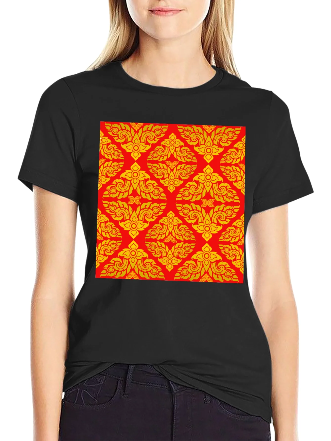 Black T-Shirt with Ornamental Red-Gold Pattern